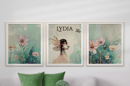 Custom Name Fairy and Flower Baby Nursery Art Print Set, Nursery Decor, Boho Art