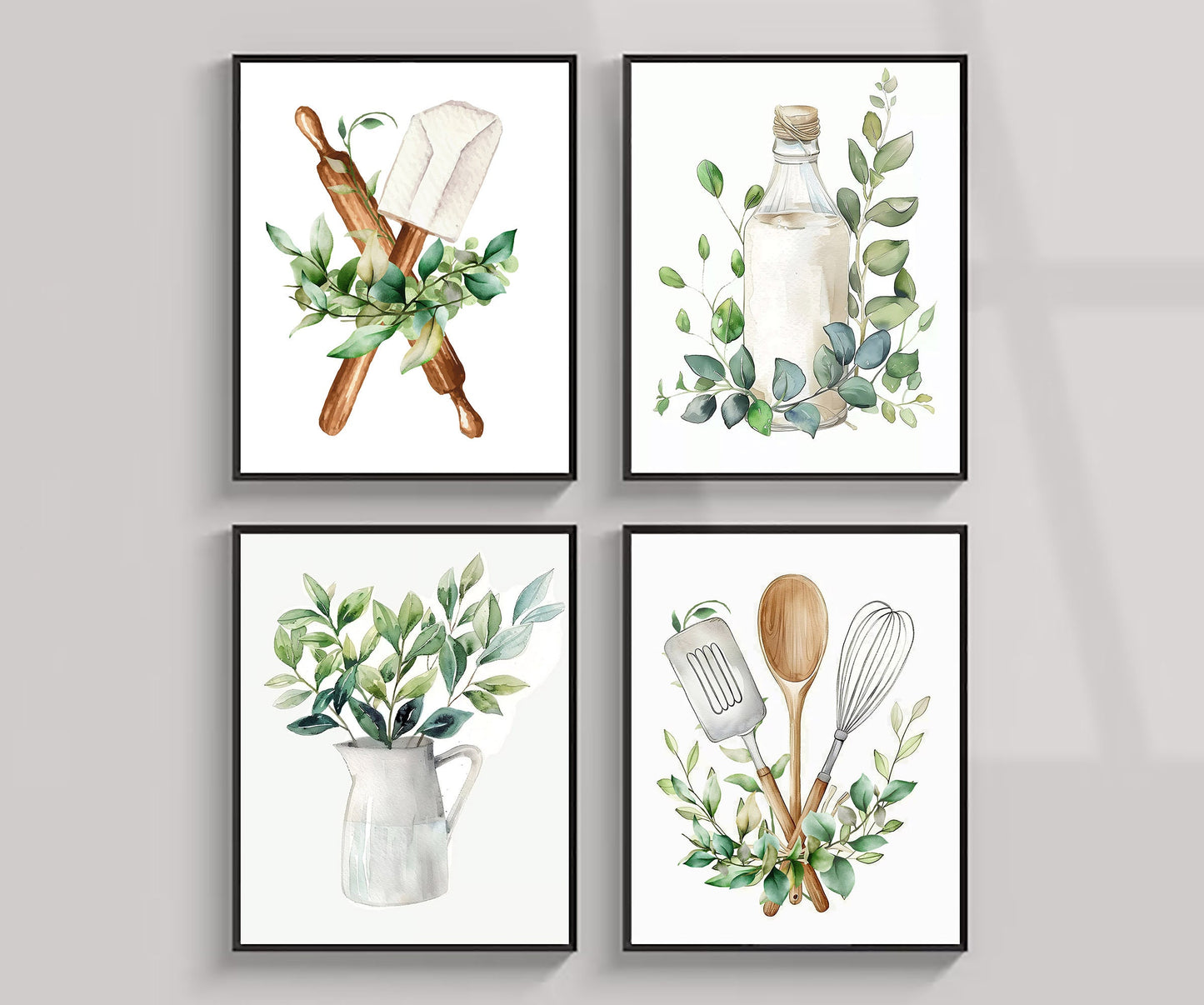 Kitchen Supplies Wrapped In Plants Botany Wall Decor Art Print Set
