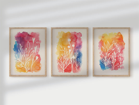 Watercolor Colorful Plant And Flower Art Print Set of 3 Wall Decor, Simplistic Art, Watercolor Art, Watercolor Decor