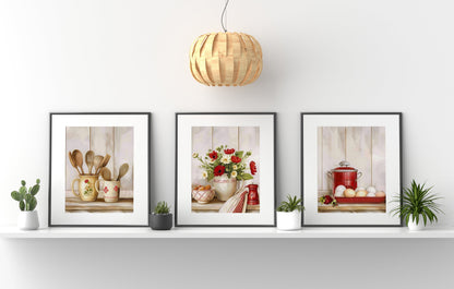 Kitchen Scenery With Flowers In Vase Botany Wall Decor Art Print Set, Red Kitchen Art