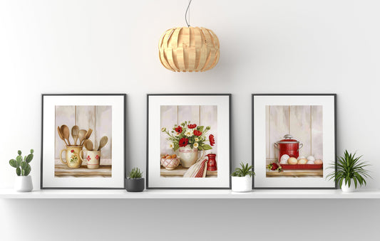 Kitchen Scenery With Flowers In Vase Botany Wall Decor Art Print Set, Red Kitchen Art