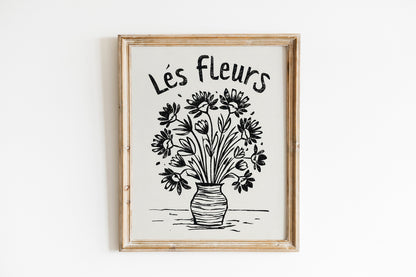 Black and White Flowers In Vase Painting Illustration Art Print, French Flowers