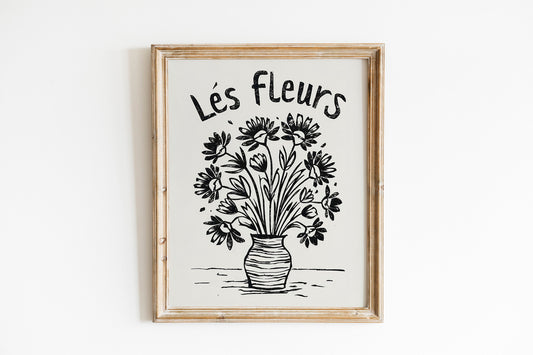 Black and White Flowers In Vase Painting Illustration Art Print, French Flowers