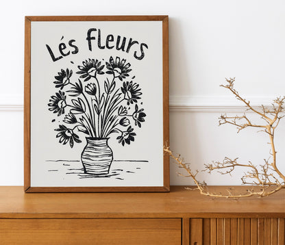 Black and White Flowers In Vase Painting Illustration Art Print, French Flowers