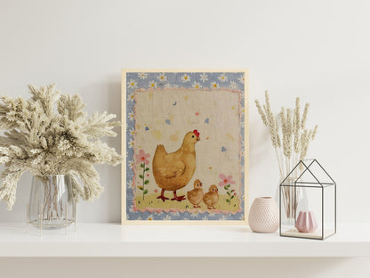 Farmhouse Hen With Daisies Art Print, Hen Art, Easter Art, Wall Decor, Hen Wall Decor, Easter Wall Decor