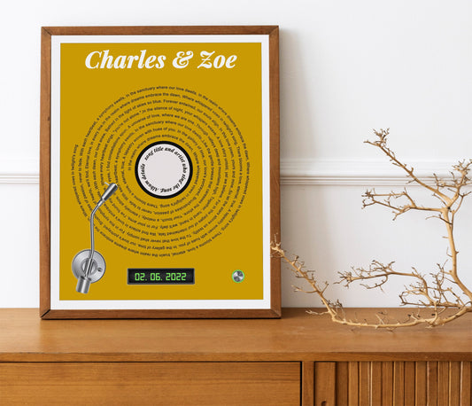 Song Lyric, Names And Date Record Player Print, Lyric Wall Art, Wedding Anniversary, Actual Sheet Music Art Print