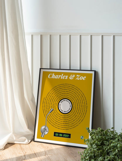 Song Lyric, Names And Date Record Player Print, Lyric Wall Art, Wedding Anniversary, Actual Sheet Music Art Print