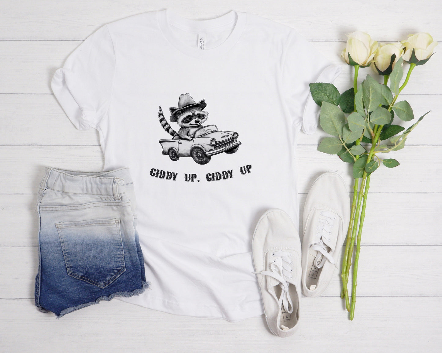 Cowboy Raccoon Driving Car T-Shirt, Giddy Up