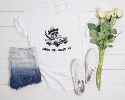Cowboy Raccoon Driving Car T-Shirt, Giddy Up