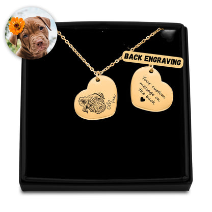 heart shape engraved pet portrait necklace | custom pet necklace | personalized pet jewelry gift for pet lover |