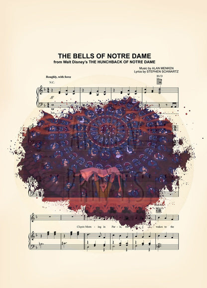 Hunchback of Notre Dame Quasimodo and Esmeralda Sheet Music Wall Art — Disney Gift for Music Lovers