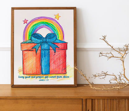 Watercolor Present With Rainbow, Bible Verse, Present Box, Religious Art Print