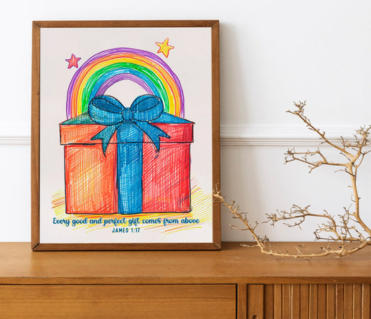 Watercolor Present With Rainbow, Bible Verse, Present Box, Religious Art Print