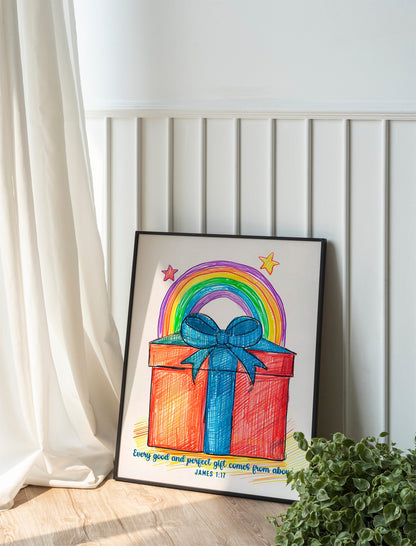 Watercolor Present With Rainbow, Bible Verse, Present Box, Religious Art Print