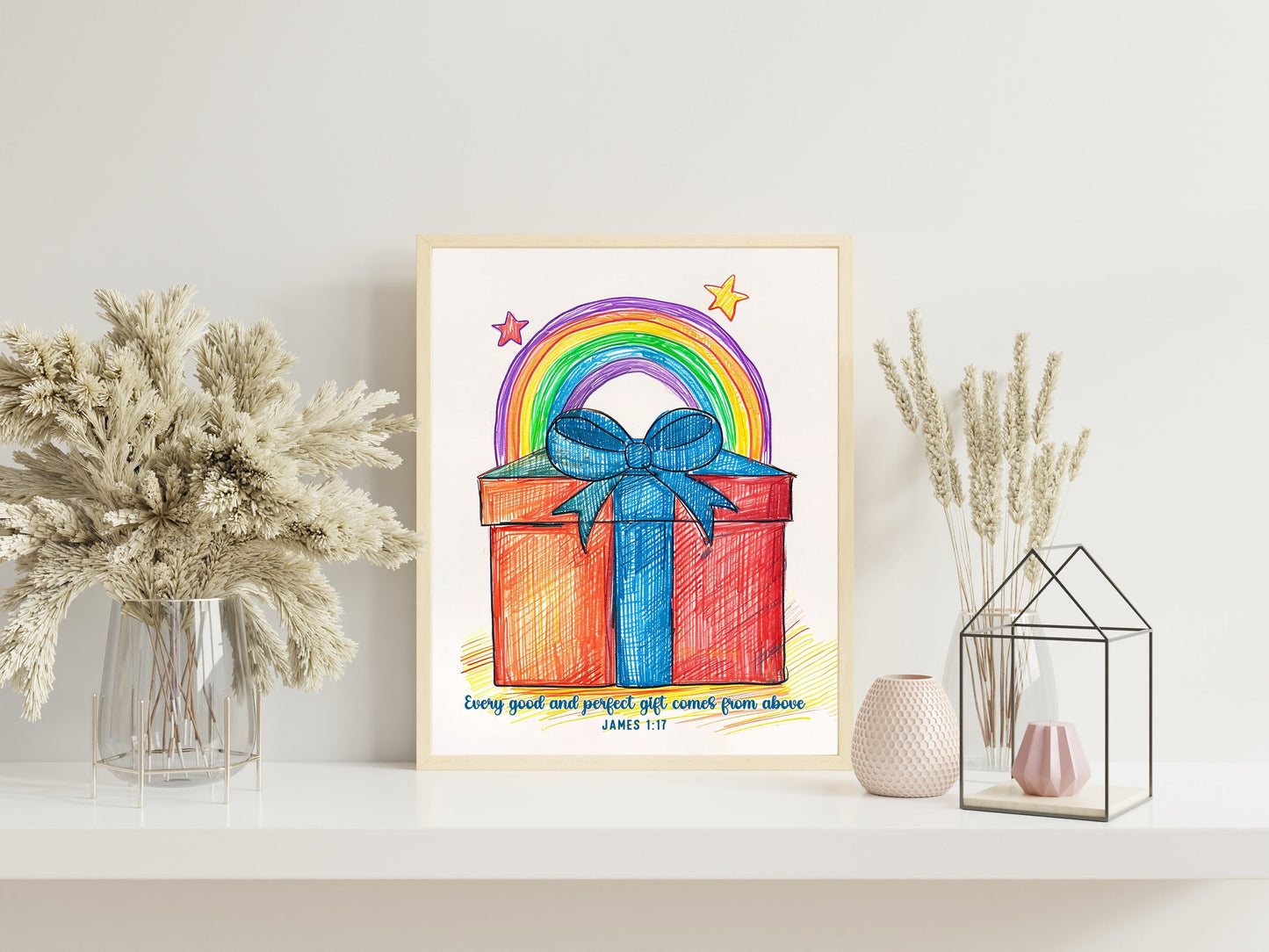 Watercolor Present With Rainbow, Bible Verse, Present Box, Religious Art Print
