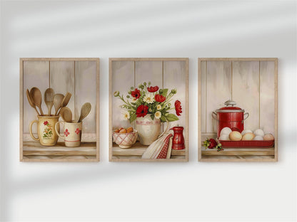 Kitchen Scenery With Flowers In Vase Botany Wall Decor Art Print Set, Red Kitchen Art
