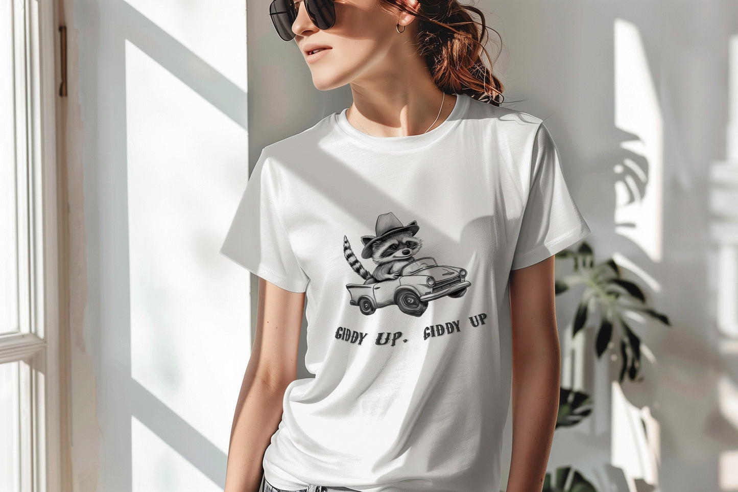 Cowboy Raccoon Driving Car T-Shirt, Giddy Up