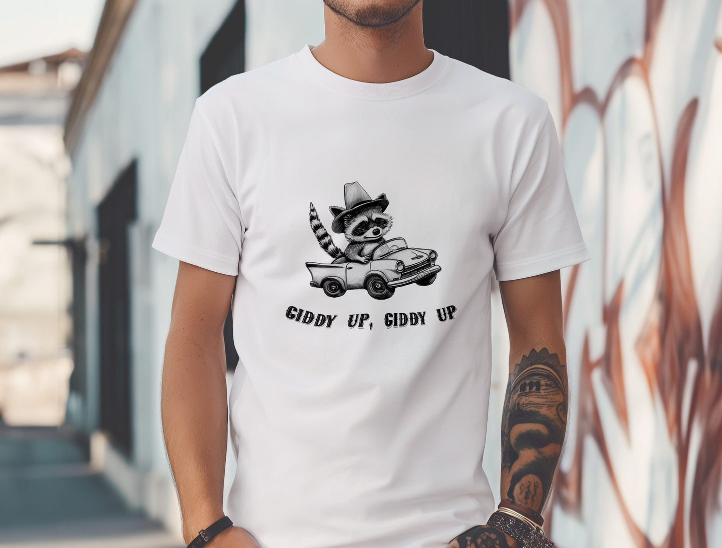 Cowboy Raccoon Driving Car T-Shirt, Giddy Up