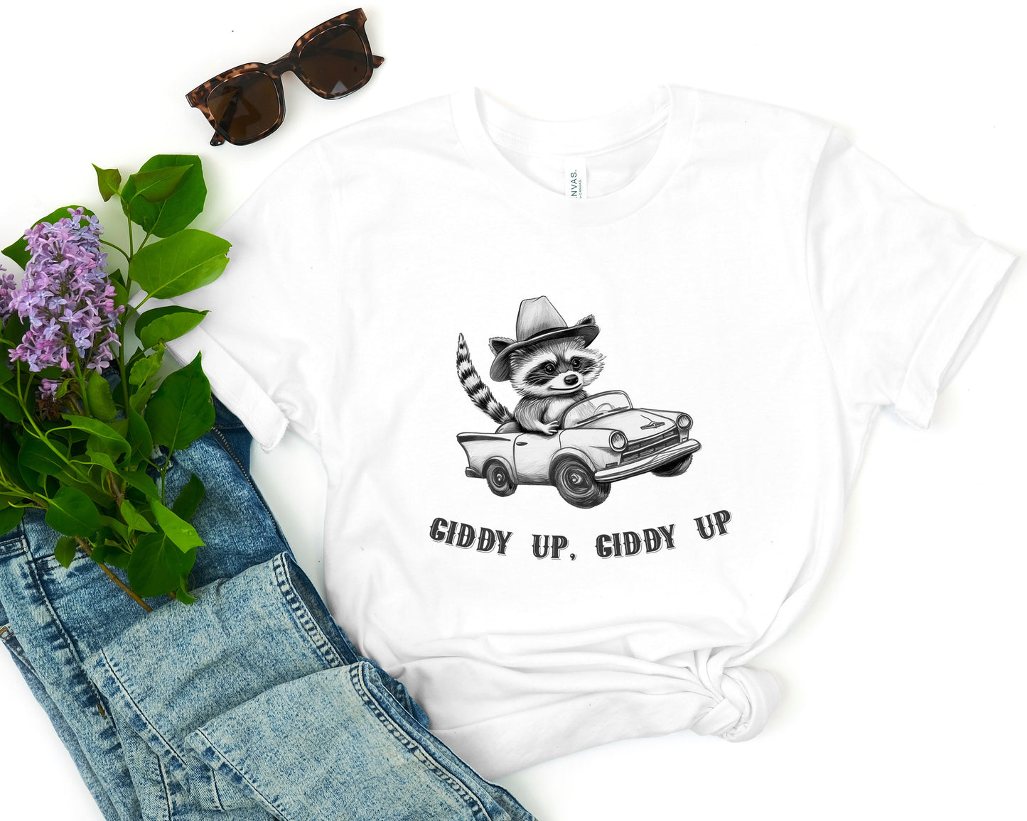 Cowboy Raccoon Driving Car T-Shirt, Giddy Up