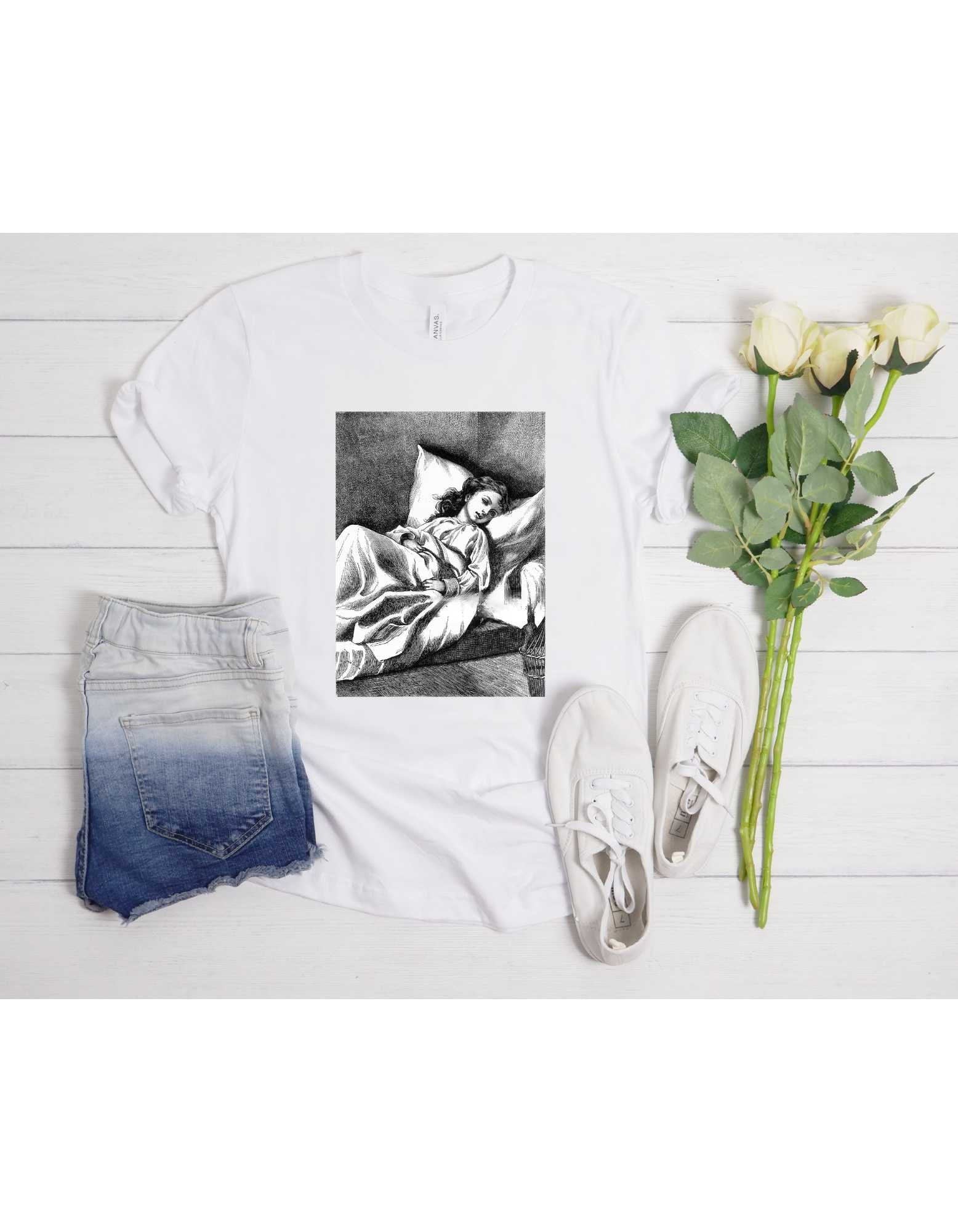 Young girl sick in bed - American Victorian Engraving, 1882 - Historian Shirt - Art Historian Shirt