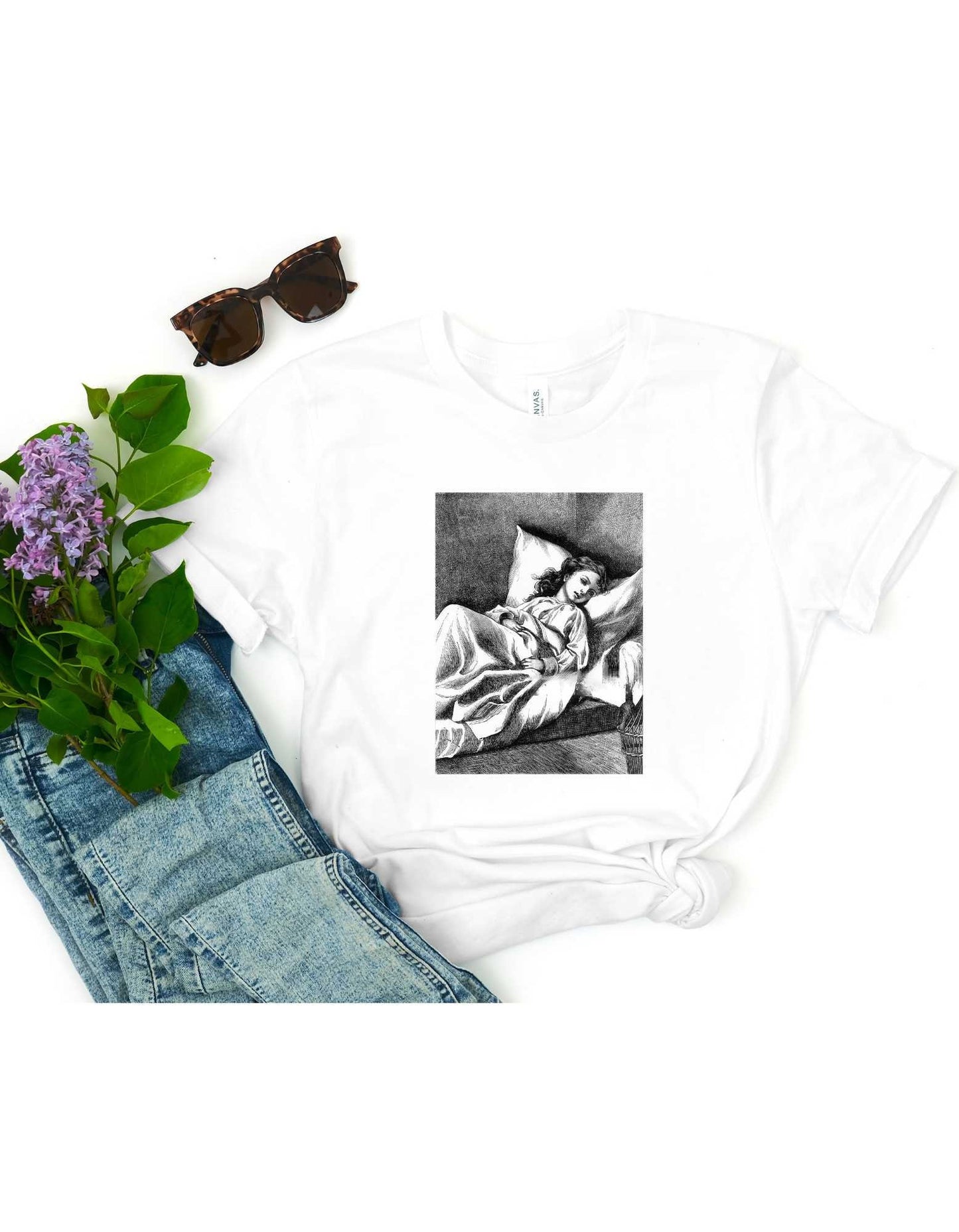Young girl sick in bed - American Victorian Engraving, 1882 - Historian Shirt - Art Historian Shirt