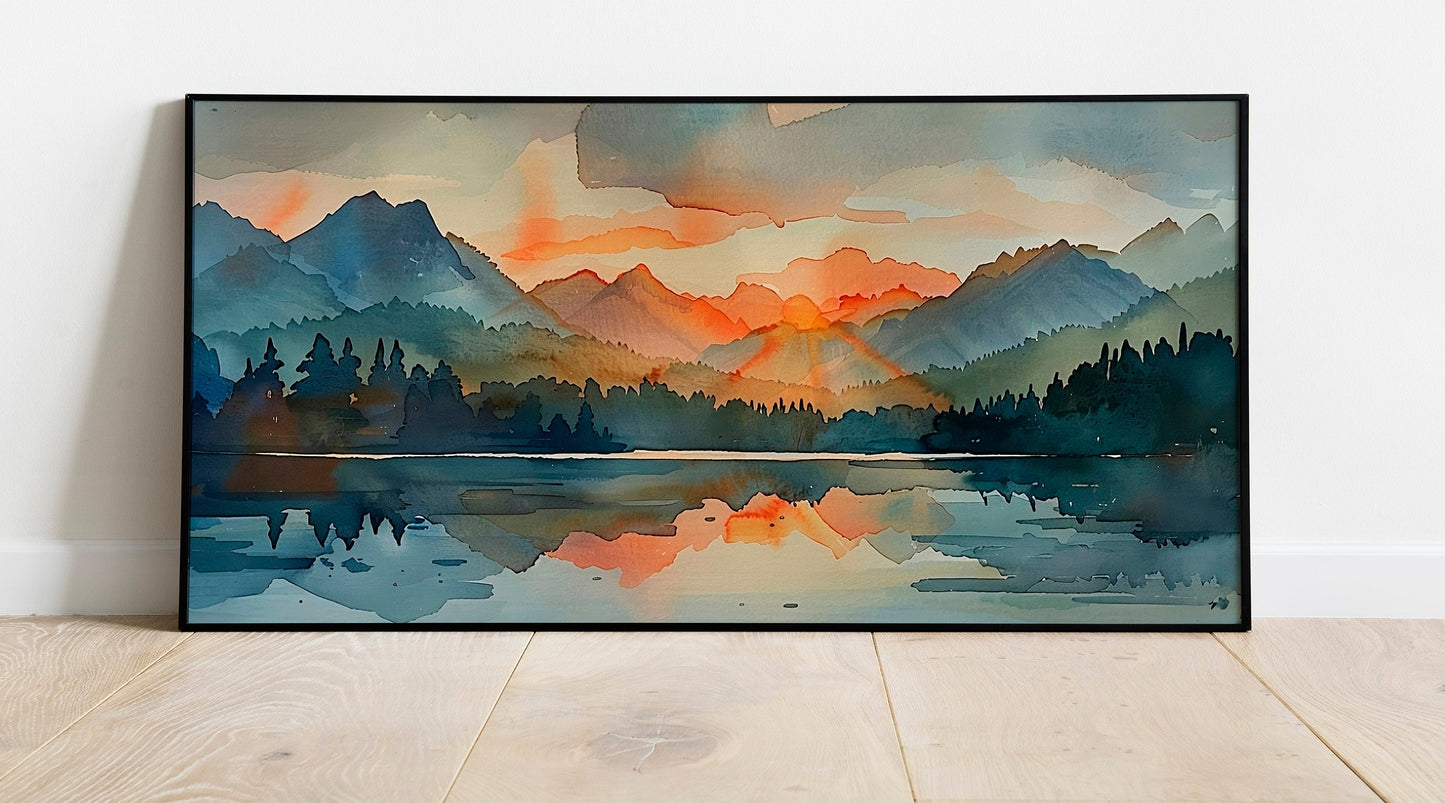 Watercolor Painting of a Forest Fire Canvas Print Landscape Art Depressing Cool Living Room Art Extra Large Panoramic Wall Deco