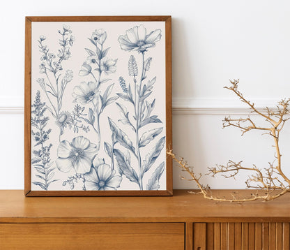 Chinoiserie Blue Botanical Wall Art 3 Piece Decor Minimalist Wall Art Botanical Print Set Blue Wild Flower Art for Home Decoration