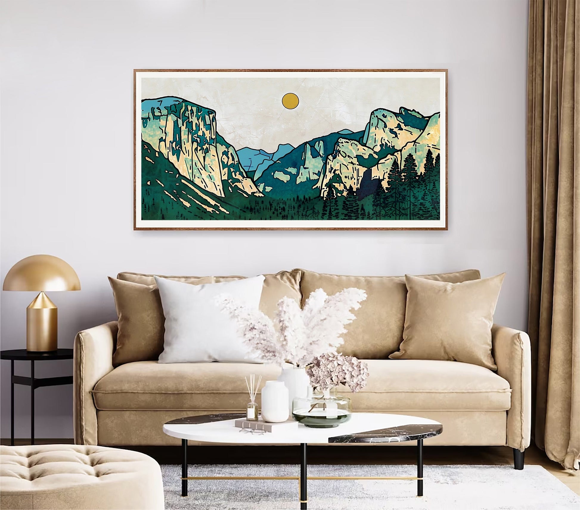 Minimalist Mountain Panorama Woodcut Mountain Range Calm Lake Landscape Blue and Green Earth Tones Modern Tree Nature Wall Art