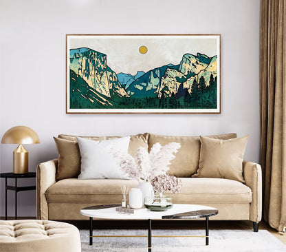 Minimalist Mountain Panorama Woodcut Mountain Range Calm Lake Landscape Blue and Green Earth Tones Modern Tree Nature Wall Art