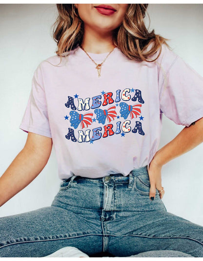 USA Bow Shirt - Patriotic Bow Shirt - Coquette Bow - USA Shirt - Coquette America Bow Shirt for July 4th