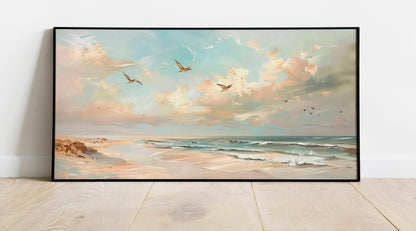 Muted Beach Framed Oil Painting Canvas Print Minimalist Coastal Seascape Print Long Horizontal Panoramic Beach Wall Art