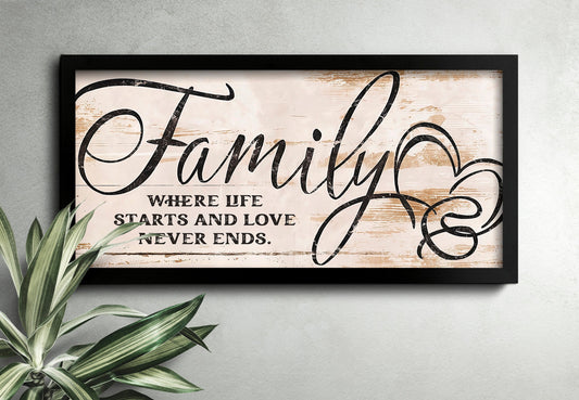Family Where Life Starts and Love Never Ends Wall Art Rustic Living Room Decor Vintage Farmhouse Entryway Canvas Art Cottage Core