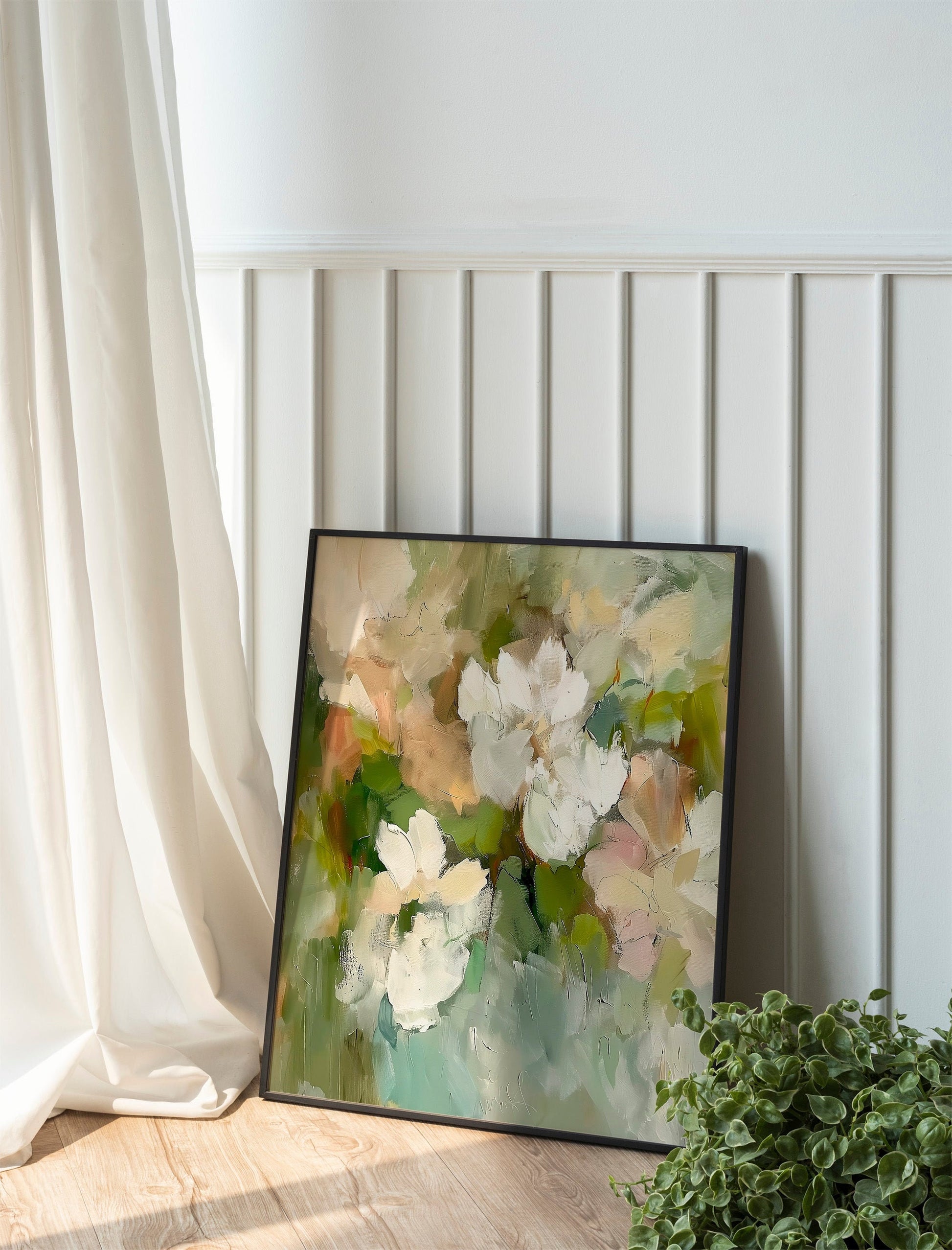 Soft and Serene Printable Wall Art Modern Abstract Floral Art in Ivory and Sage Green Instant Digital Fine Art
