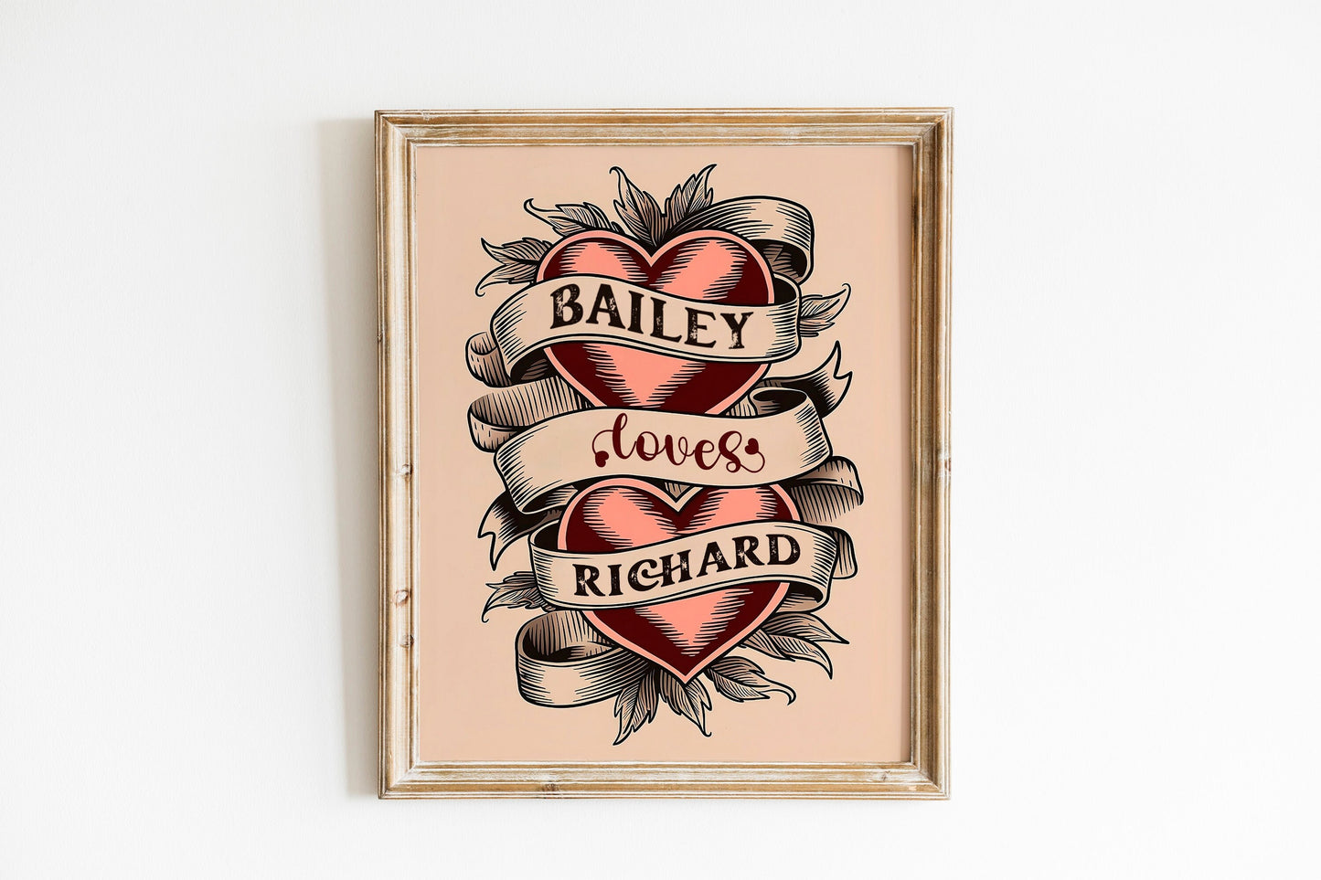 Personalized Wall Art Custom Name Couples Gift American Traditional Hearts Tattoo Flash Art Print Vintage Style