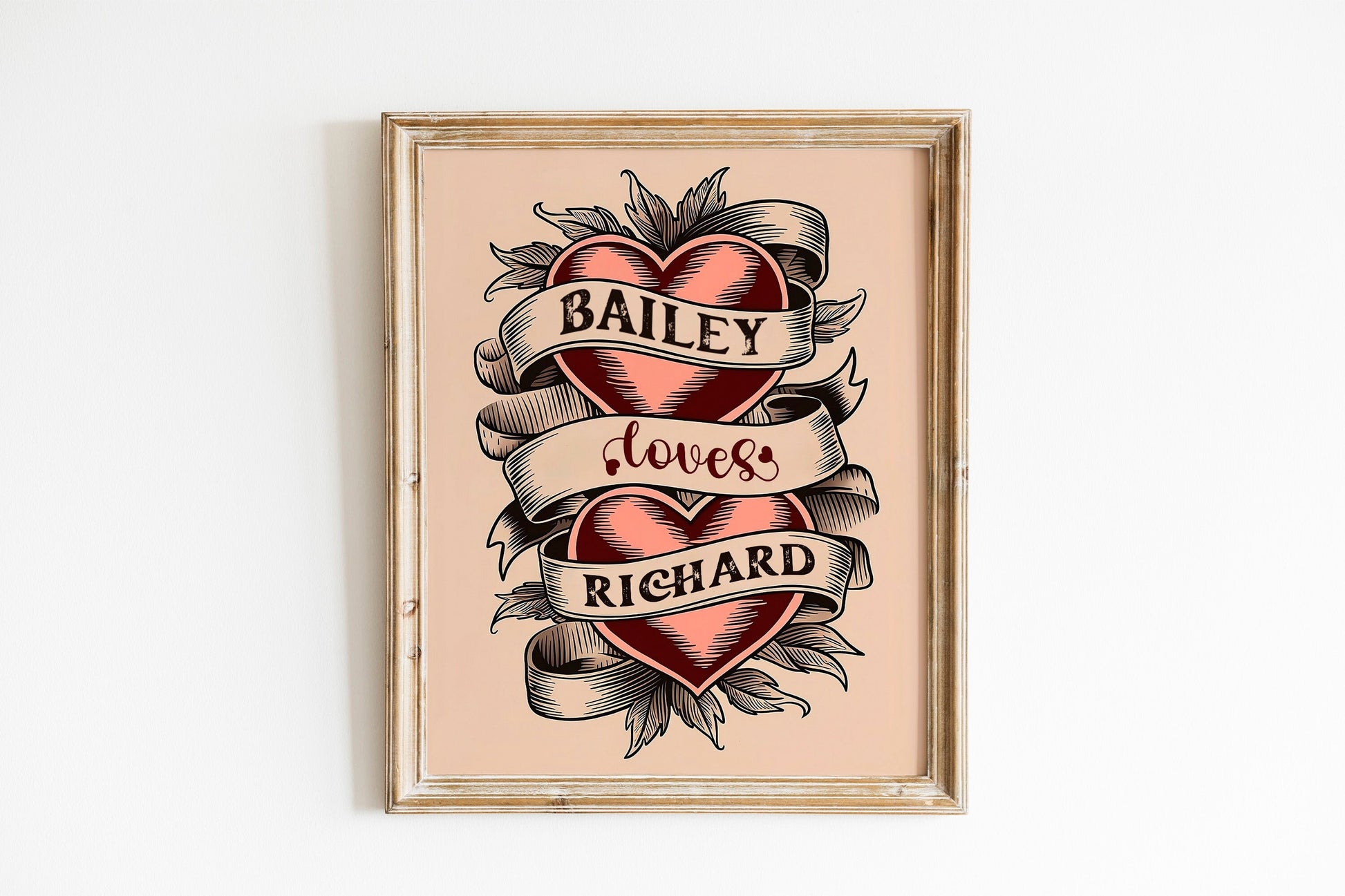 Personalized Wall Art Custom Name Couples Gift American Traditional Hearts Tattoo Flash Art Print Vintage Style