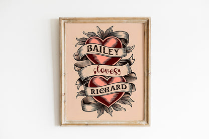 Personalized Wall Art Custom Name Couples Gift American Traditional Hearts Tattoo Flash Art Print Vintage Style