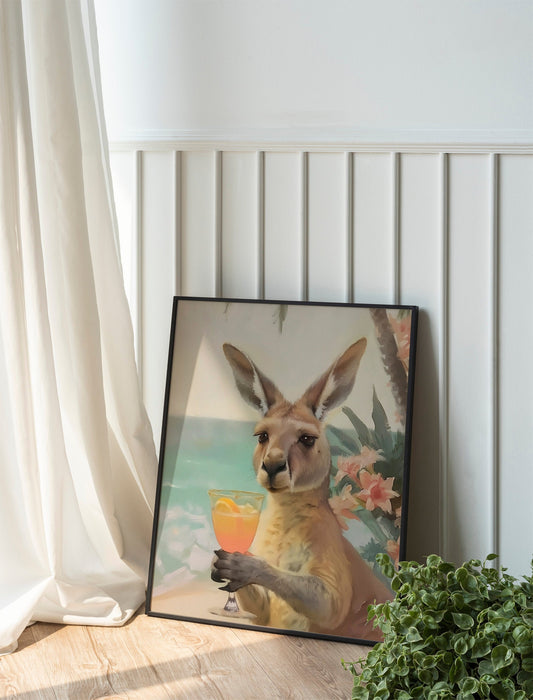 Kangaroo Cocktail Print Cute Retro Bar Cart Aesthetic Decor Funny Apartment Wall Art Humorous Painting for Home Decoration