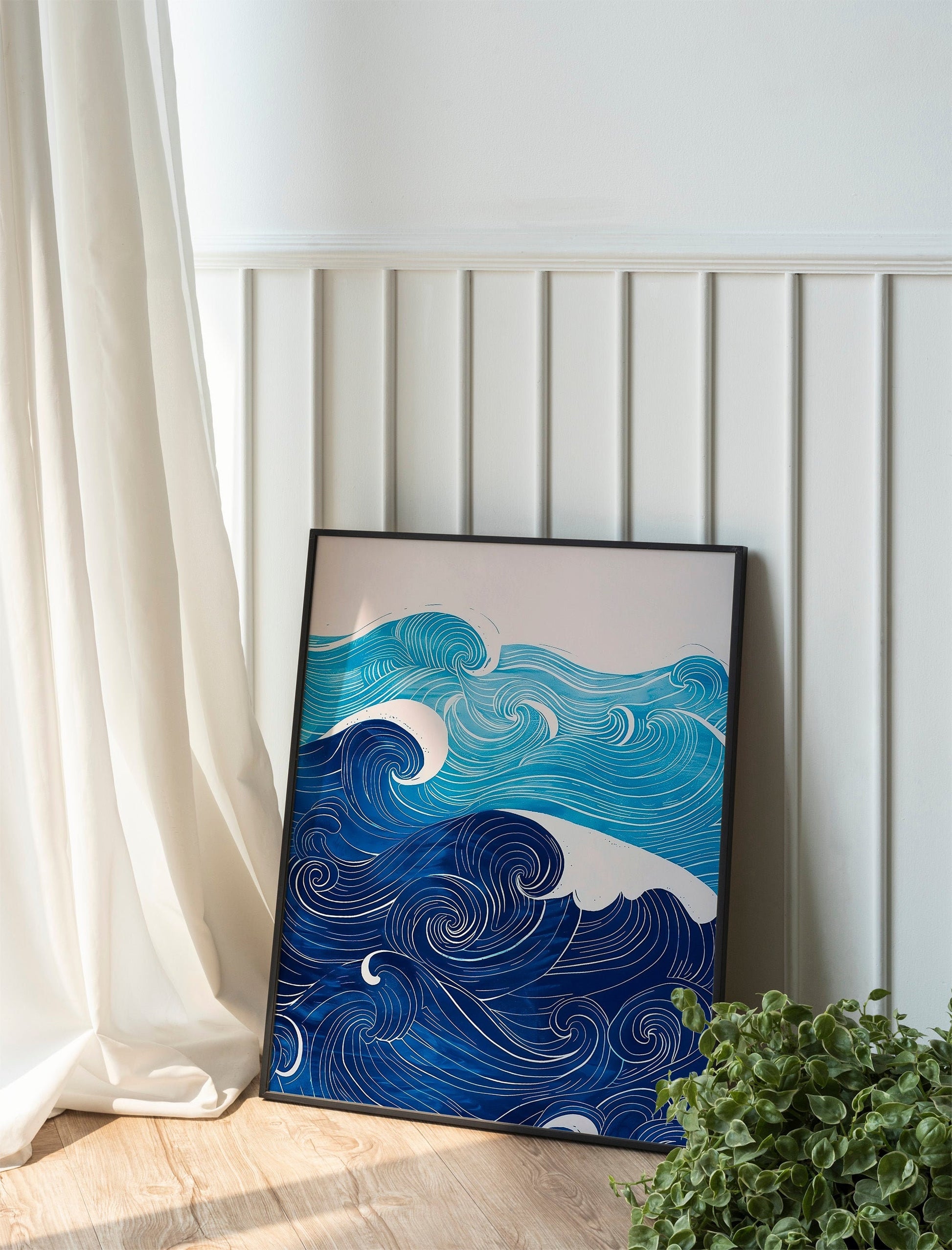 Beige and Sky Blue Painting Waves in the Sea Coastal Boho Minimalist Poster Set Aesthetic Baby Blue Wall Art Oysters and Waves Line Art
