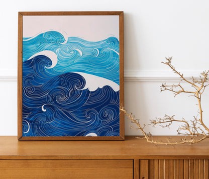 Beige and Sky Blue Painting Waves in the Sea Coastal Boho Minimalist Poster Set Aesthetic Baby Blue Wall Art Oysters and Waves Line Art