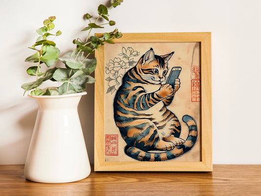 Vintage Japanese Cat Poster Tokyo Art Print Edo Period Retro Modern Art Japan Black Cat Poster With Mobile Phone Home Decoration