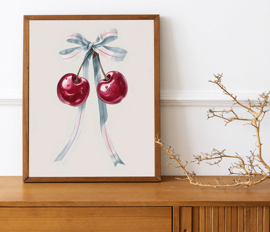 Pink Cherry Ribbon Art Print Cute Girly Watercolor Cherry Pink Wall Art Cherry Bow Poster Pink Fruit Art Food Kitchen Decor