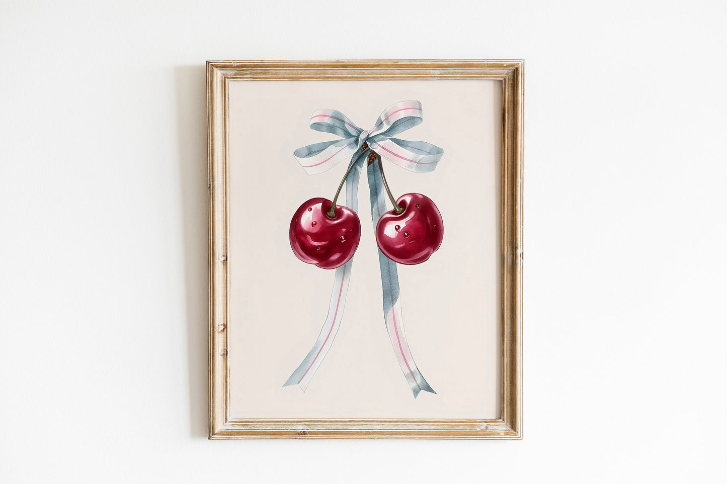 Pink Cherry Ribbon Art Print Cute Girly Watercolor Cherry Pink Wall Art Cherry Bow Poster Pink Fruit Art Food Kitchen Decor
