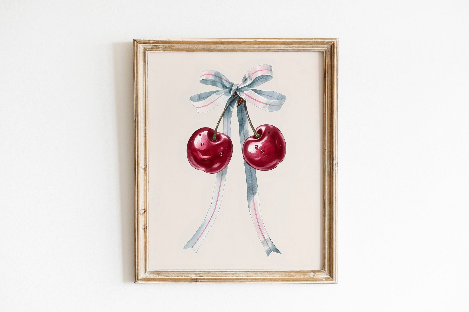 Pink Cherry Ribbon Art Print Cute Girly Watercolor Cherry Pink Wall Art Cherry Bow Poster Pink Fruit Art Food Kitchen Decor