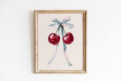 Pink Cherry Ribbon Art Print Cute Girly Watercolor Cherry Pink Wall Art Cherry Bow Poster Pink Fruit Art Food Kitchen Decor