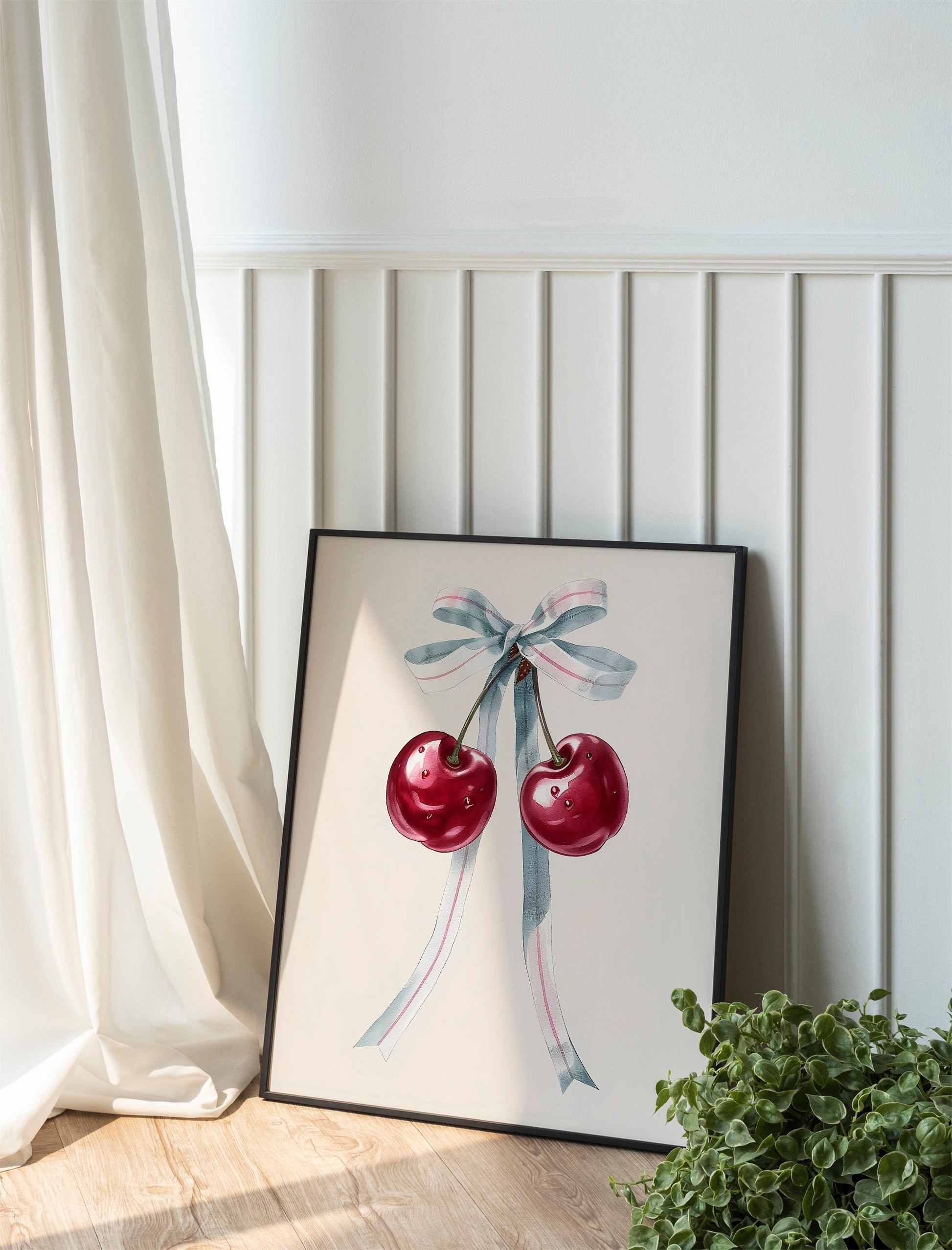 Pink Cherry Ribbon Art Print Cute Girly Watercolor Cherry Pink Wall Art Cherry Bow Poster Pink Fruit Art Food Kitchen Decor