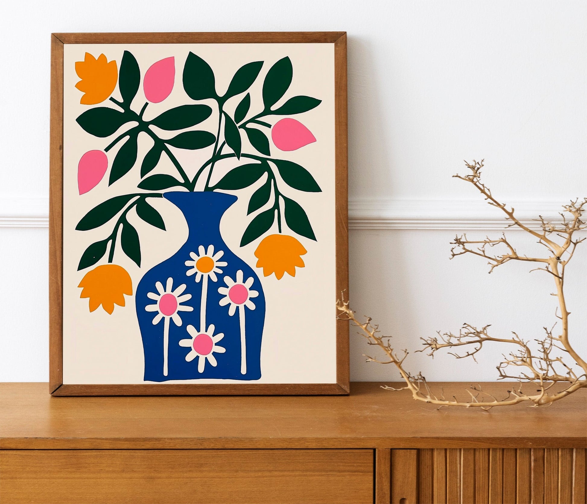 Botanical boho Vase Gallery Wall Art Abstract Pink Flower Print Vibrant Bright Colourful Wall Decor for Home Decoration