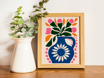 Botanical boho Vase Gallery Wall Art Abstract Pink Flower Print Vibrant Bright Colourful Wall Decor for Home Decoration
