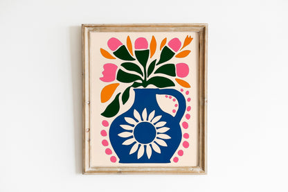 Botanical boho Vase Gallery Wall Art Abstract Pink Flower Print Vibrant Bright Colourful Wall Decor for Home Decoration