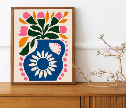 Botanical boho Vase Gallery Wall Art Abstract Pink Flower Print Vibrant Bright Colourful Wall Decor for Home Decoration