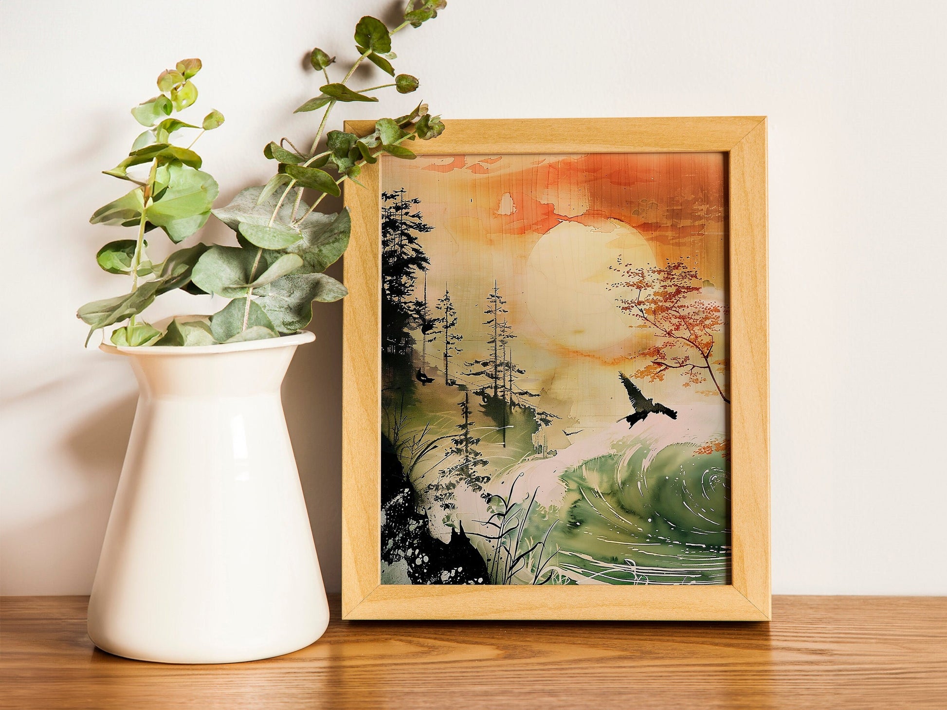 Set of 3 Japandi Décor Japanese Wall Art Prints Minimalist Green Mountain Landscape Japanese Art Prints Home Wall Decoration
